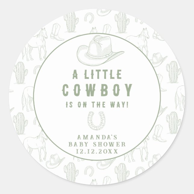 Toile de Jouy Green Cowboy Western Baby Shower Classic Round Sticker (Front)
