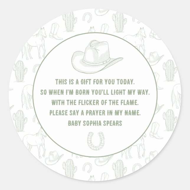 Toile de Jouy Green Cowboy Western Prayer Baby Classic Round Sticker (Front)