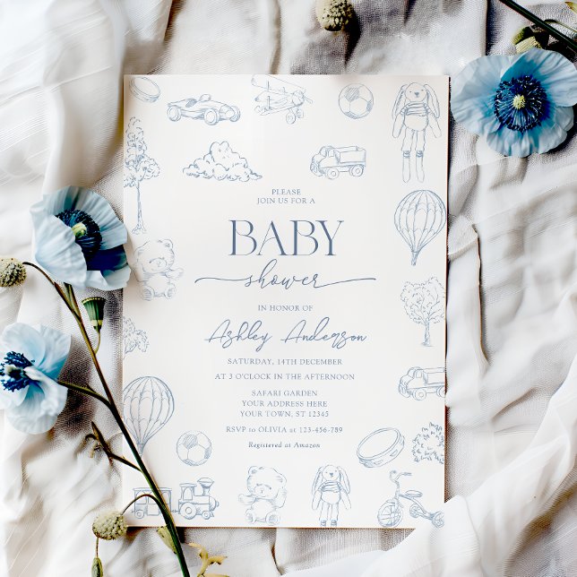 Toile De Jouy Nursery Baby Shower with Bow Boy Invitation (Creator Uploaded)
