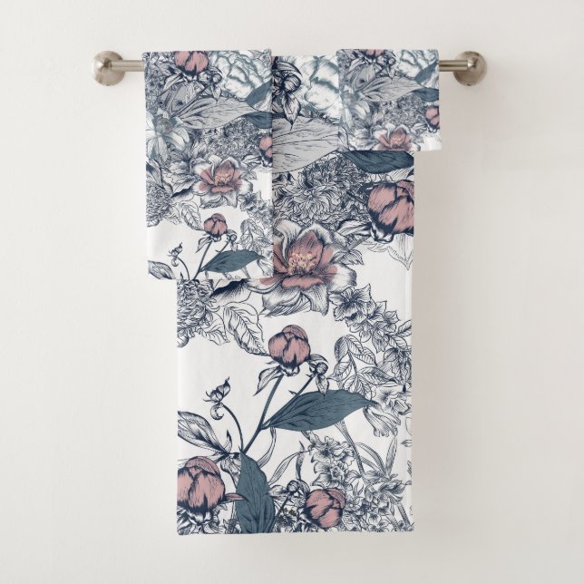 Toile-De-Jouy Pattern Bath Towel Set (Insitu)