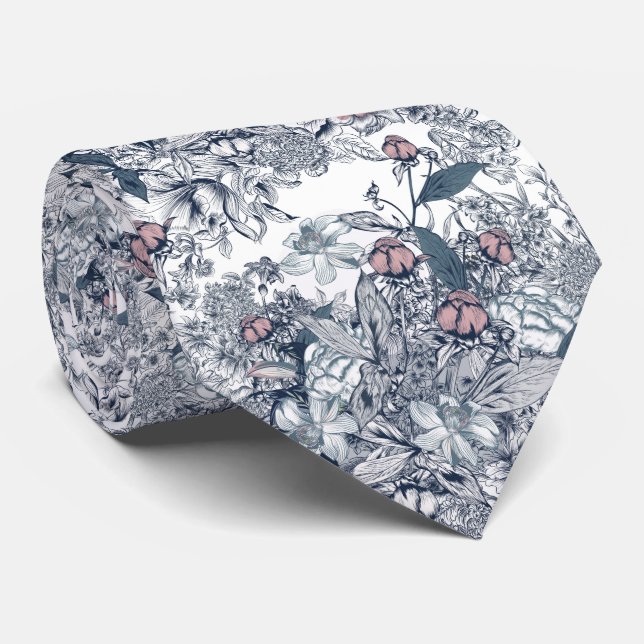 Toile-De-Jouy Pattern Wedding  Tie (Rolled)
