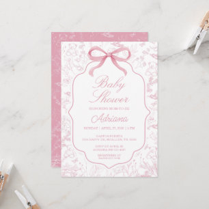 Toile De Jouy Pink Baby Shower with Bow Invitation