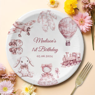 Toile De Jouy Pink Birthday Party Paper Plate