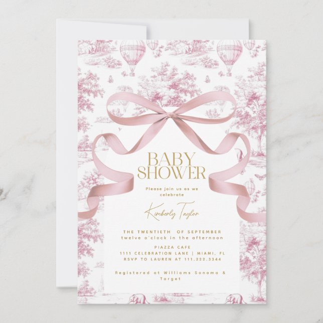 Toile De Jouy Pink Bow Baby Shower Invitation (Front)