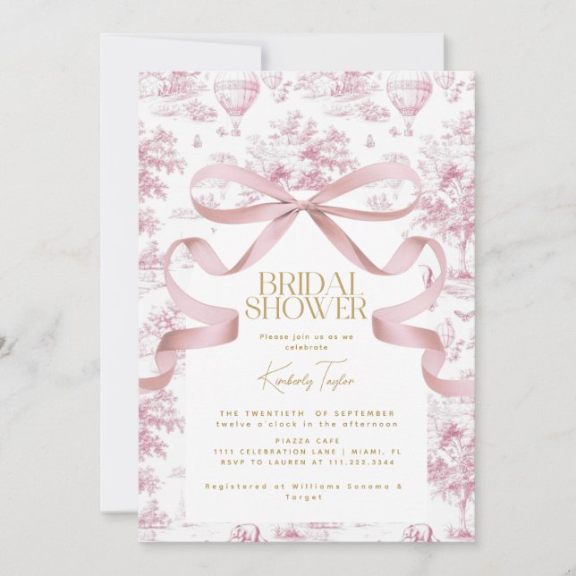 Toile De Jouy Pink Bow Bridal Shower Invitation (Front)