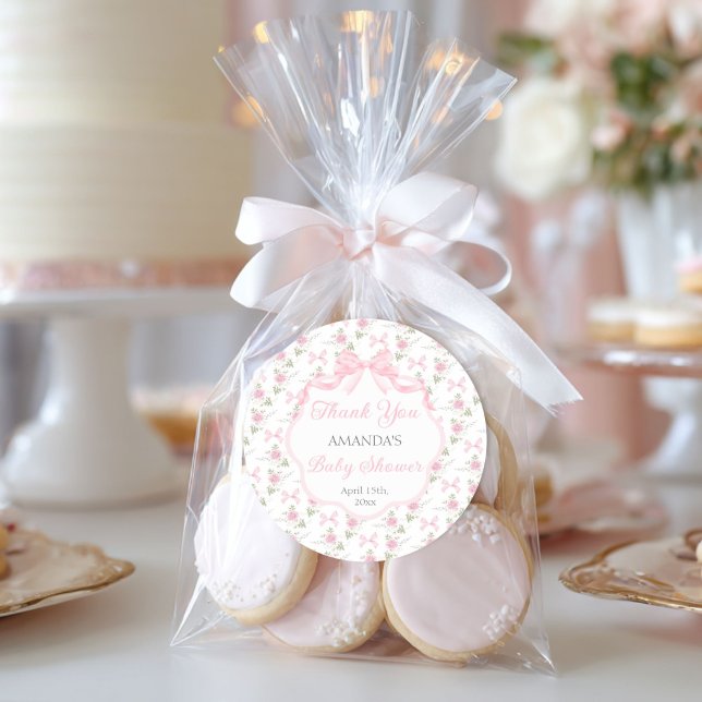 Toile De Jouy Pink Bow Girl Baby Shower Classic Round Sticker (Creator Uploaded)