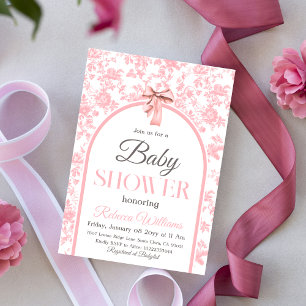 Toile de Jouy Pink Bow Girl Baby Shower Invitation