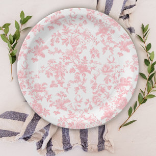 Toile de Jouy Pink Bow Girl First 1st Birthday Paper Plate