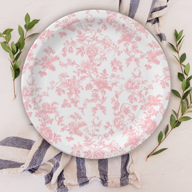Toile de Jouy Pink Bow Girl First 1st Birthday Paper Plate (Creator Uploaded)
