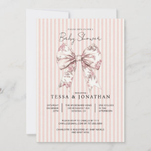 Toile De Jouy Pink Bow Stripes Baby Shower Invitation