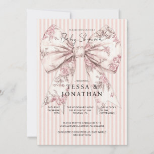 Toile De Jouy Pink Bow Stripes Baby Shower Invitation