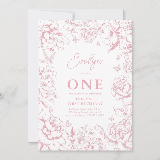 Toile de Jouy Pink Floral Girl 1st Birthday Party Invitation (Front)