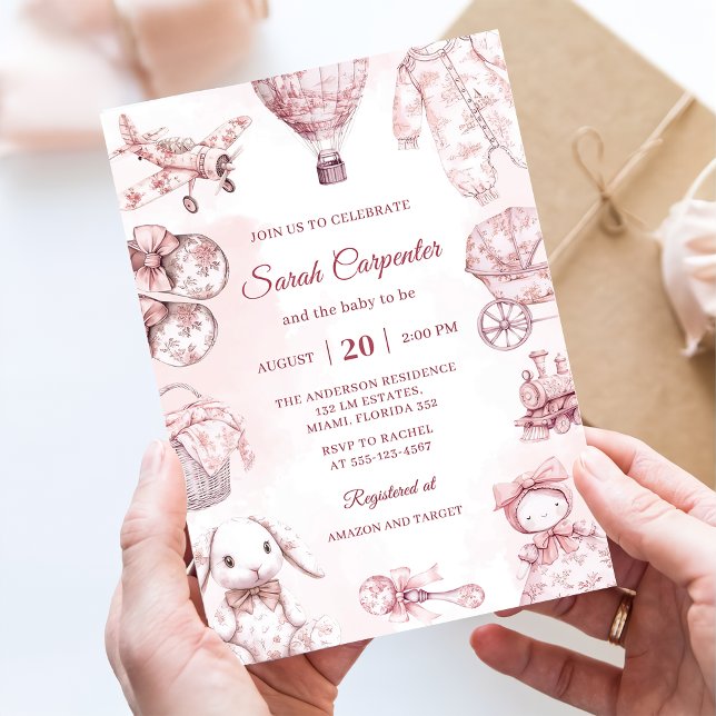 Toile De Jouy Pink Girl Baby Shower Party Invitation (Creator Uploaded)