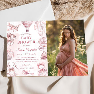 Toile De Jouy Pink Girl Baby Shower Party Photo  Invitation