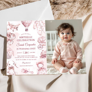 Toile De Jouy Pink Girl Birthday Party Photo  Invitation