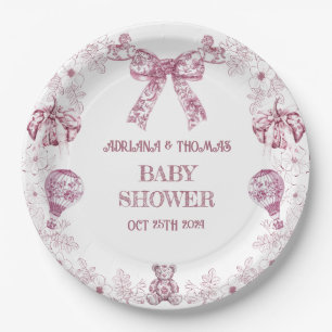 Toile De Jouy Pink Retro Bear toys Baby Shower Paper Plate