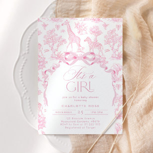 Toile de Jouy Pink Safari animals It's a girl Invitation