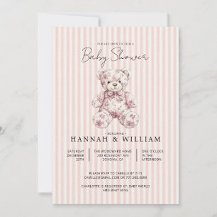 Toile De jouy Pink Stripes Baby Shower Invitation