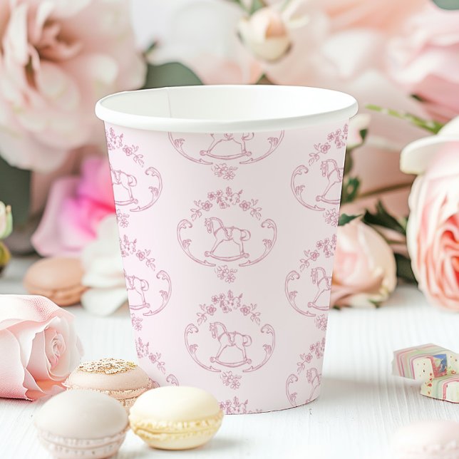 Toile de Jouy rocking horse Pink Baby Girl shower Paper Cups (Creator Uploaded)