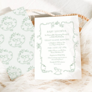 Toile de Jouy rocking horse Sage Green Baby shower Invitation