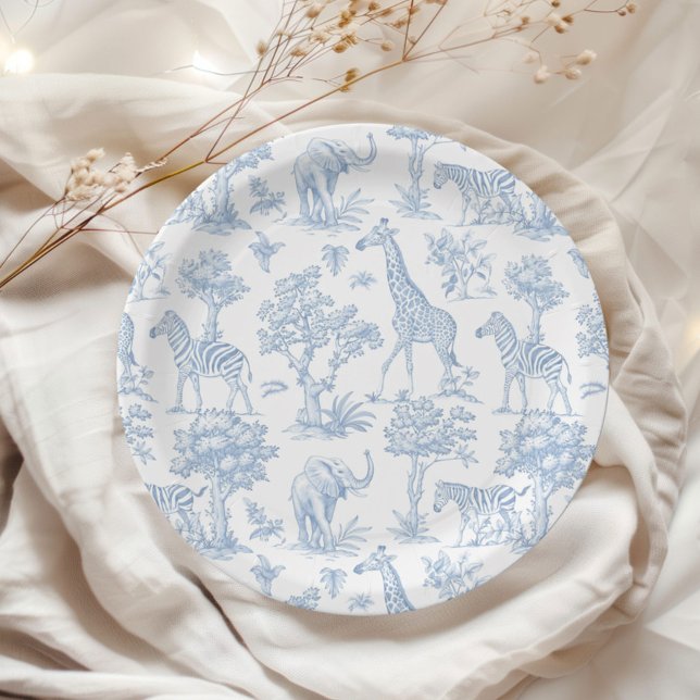 Toile de Jouy Safari animals blue Baby shower Paper Plate (Creator Uploaded)