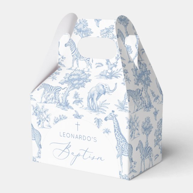 Toile de Jouy Safari animals dusty blue Baptism Favour Box (Front Side)