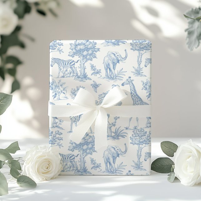 Toile de Jouy Safari animals dusty blue elegant Wrapping Paper (Creator Uploaded)