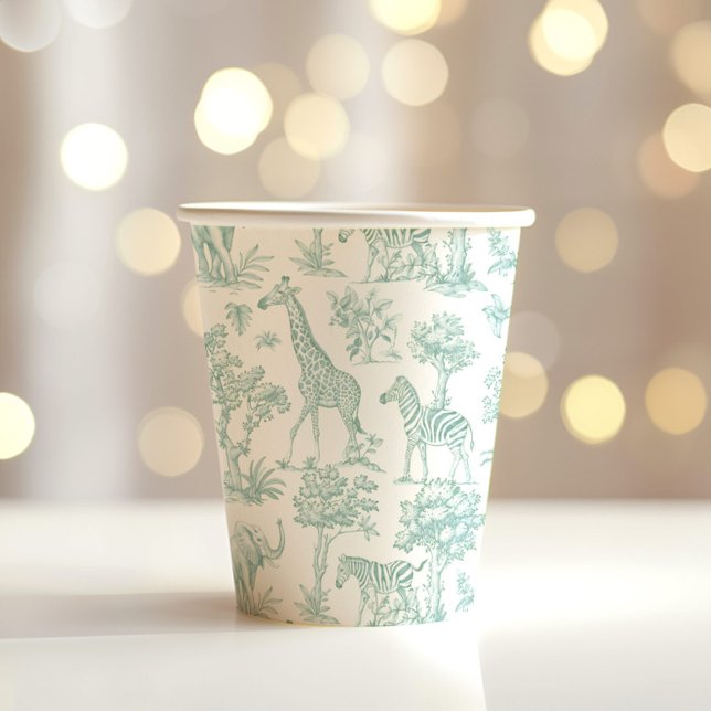 Toile de Jouy Safari animals green Baby shower Paper Cups (Creator Uploaded)
