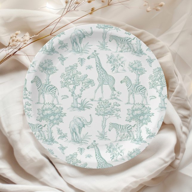 Toile de Jouy Safari animals green Baby shower Paper Plate (Creator Uploaded)