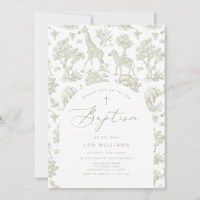 Toile de Jouy Safari animals Green Boy Baptism Invitation (Front)