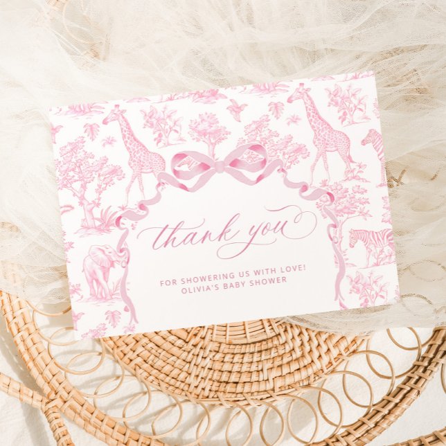 Toile de Jouy Safari animals Pink Baby shower Thank You Card (Creator Uploaded)