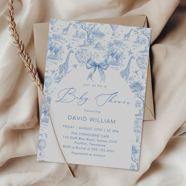 Toile de Jouy Safari Blue Bow Baby shower Invitation (Creator Uploaded)