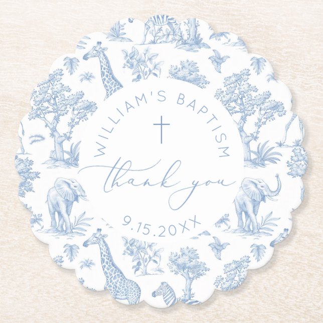 Toile de Jouy Safari Boy Baptism Thank you Paper Coaster (Front)