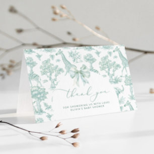 Toile de Jouy Safari green Bow Baby shower Thank You Card