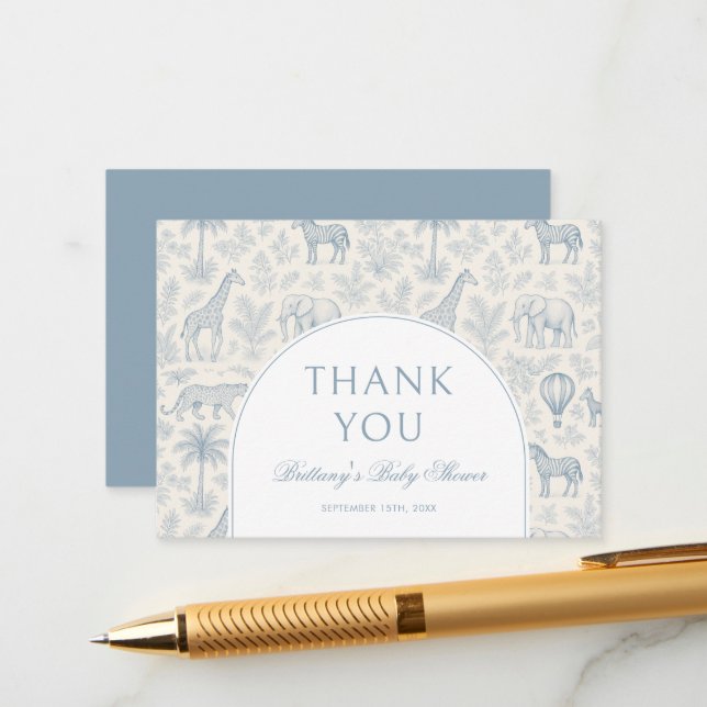 Toile De Jouy Safari Pastel Blue Baby Shower  Enclosure Card (Front/Back In Situ)