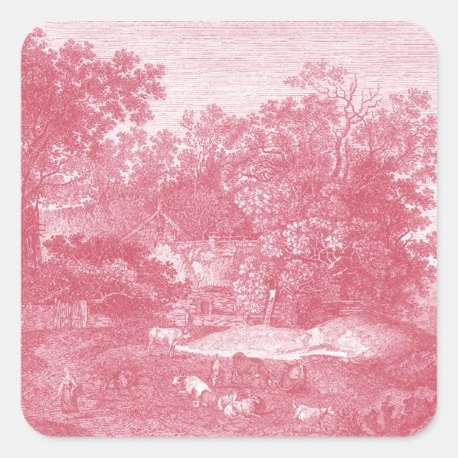 Toile de Jouy Shabby Pink Pastoral Landscape Square Sticker (Front)