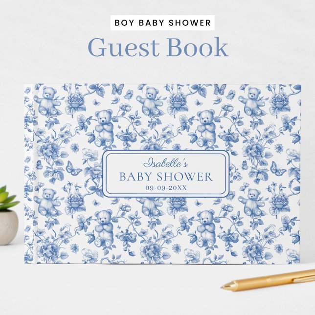 Toile De Jouy Teddy Bear Blue Baby Shower Guest Book (Creator Uploaded)