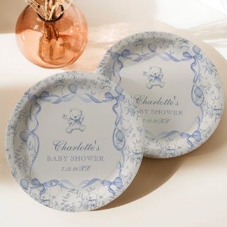 Toile De Jouy Teddy Bear Blue Baby Shower Paper Plate