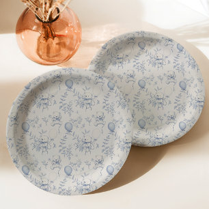 Toile De Jouy Teddy Bear Dusty Blue Baby Shower Paper Plate