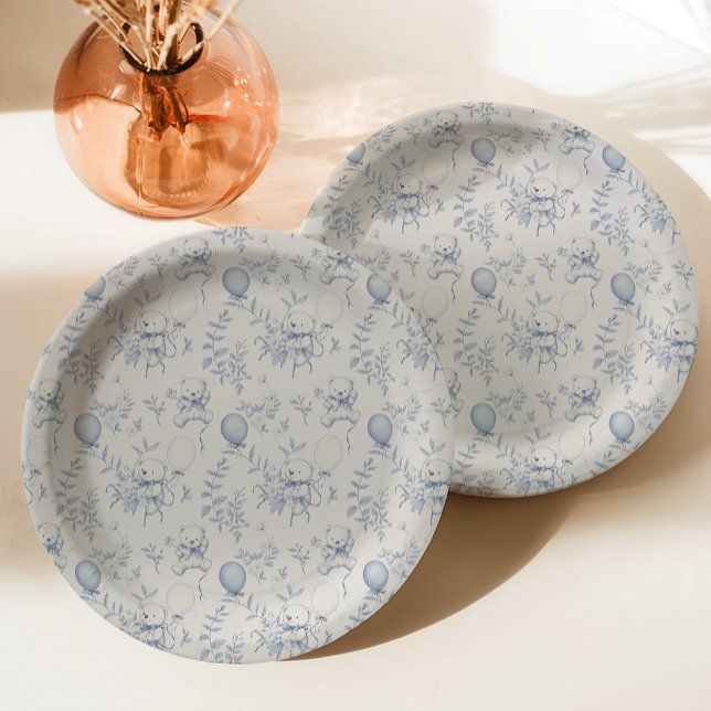 Toile De Jouy Teddy Bear Dusty Blue Baby Shower Paper Plate (Creator Uploaded)