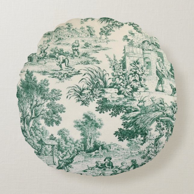 Toile de Jouy vert Round Cushion (Front)
