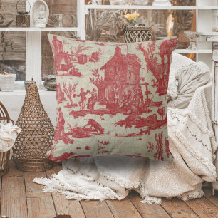 Toile de jouy Vintage Illustration Red The well Cushion