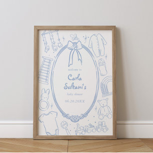 Toile De Jouy Whimsical Blue Baby Shower Poster