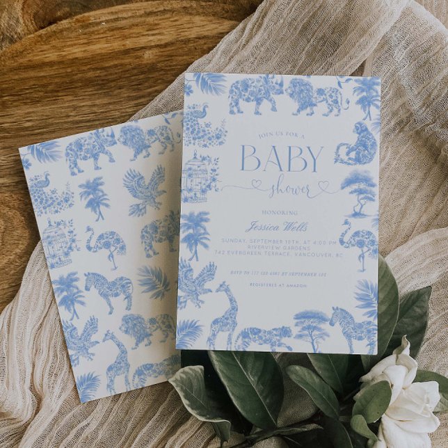 Toile De Jouy White And Blue Safari Baby Shower  Invitation (Creator Uploaded)