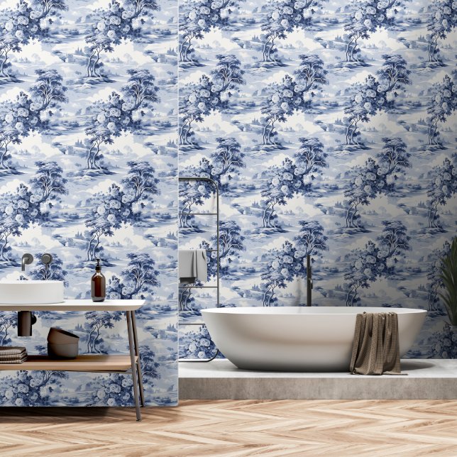 Toile du Jouy Blue Faux French  Wallpaper (Bathroom)