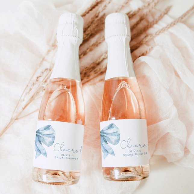 Toile Dusty blue Bow minimalist Bridal shower Sparkling Wine Label (Creator Uploaded)