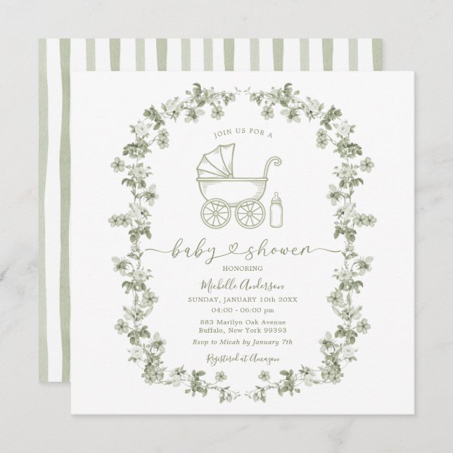 Toile Floral Baby Shower Sage Green Baby Shower Invitation (Front/Back)