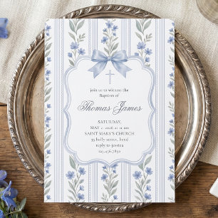 Toile Floral Blue Chinoiserie Bow Cross Baptism Invitation