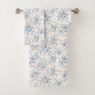 Toile Floral Bouquet Blue Cream Vintage Botanical Bath Towel Set