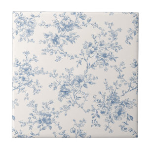 Toile Floral Bouquet Blue Cream Vintage Botanical Ceramic Tile